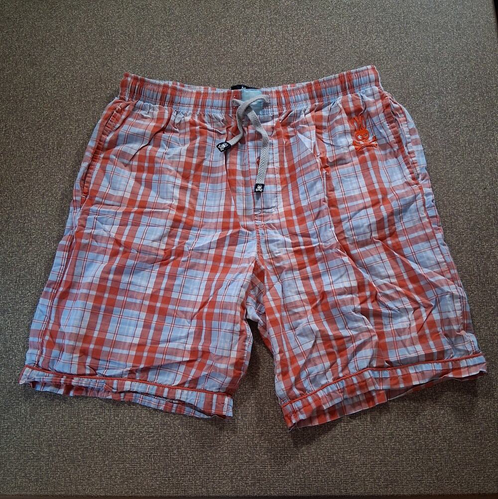 Psycho Bunny Men's Shorts Medium Multicolor Plaid Skull Bunny Logo Elastic Waist